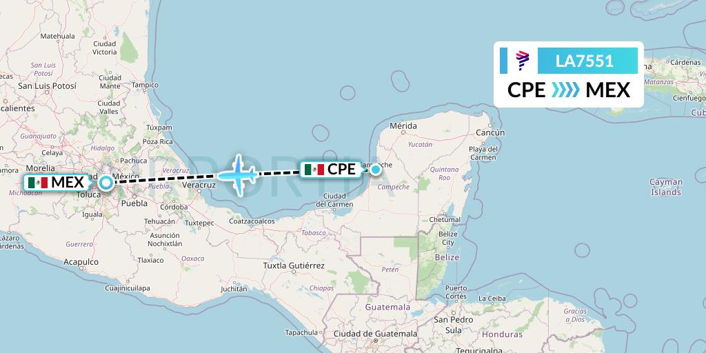 LA7551 LAN Airlines Flight Map: Campeche to Mexico City