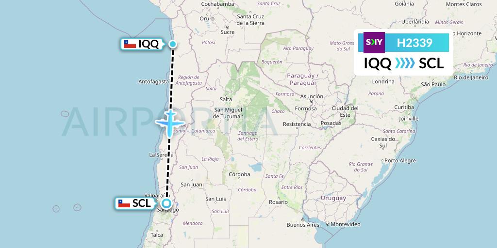 H2339 Sky Airline Flight Map: Iquique to Santiago