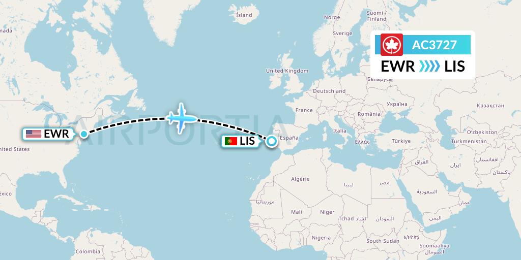 AC3727 Air Canada Flight Map: New York to Lisbon