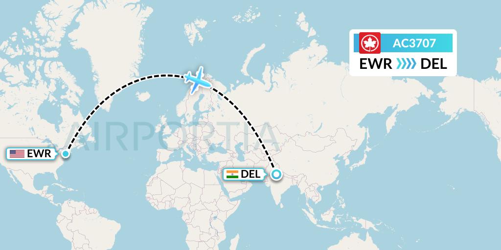 AC3707 Air Canada Flight Map: New York to Delhi