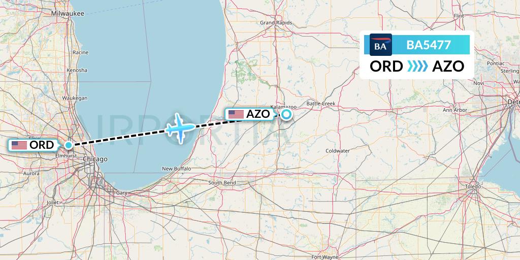 BA5477 British Airways Flight Map: Chicago to Kalamazoo