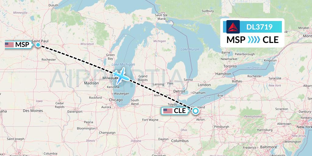 DL3719 Delta Air Lines Flight Map: Minneapolis to Cleveland