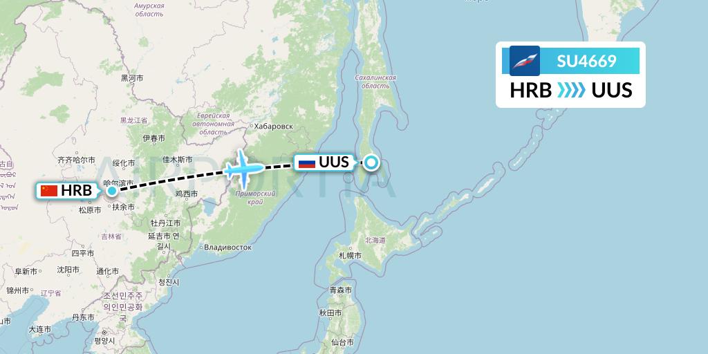 SU4669 Aeroflot Flight Map: Harbin to Yuzhno-Sakhalinsk