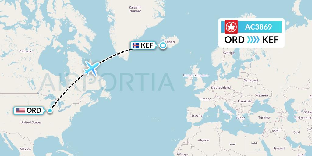 AC3869 Air Canada Flight Map: Chicago to Reykjavik
