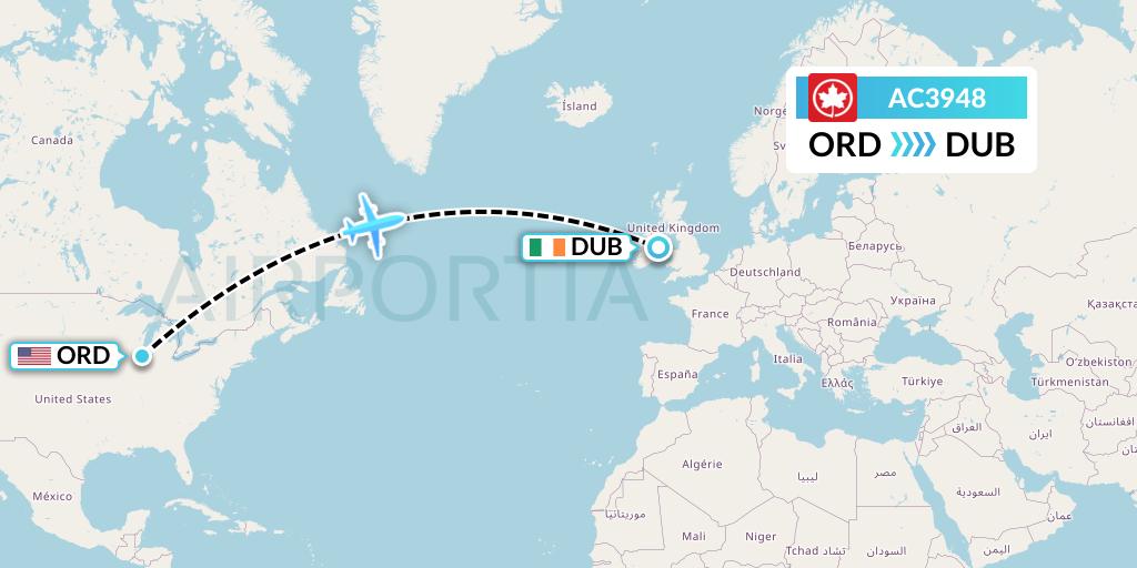 AC3948 Air Canada Flight Map: Chicago to Dublin