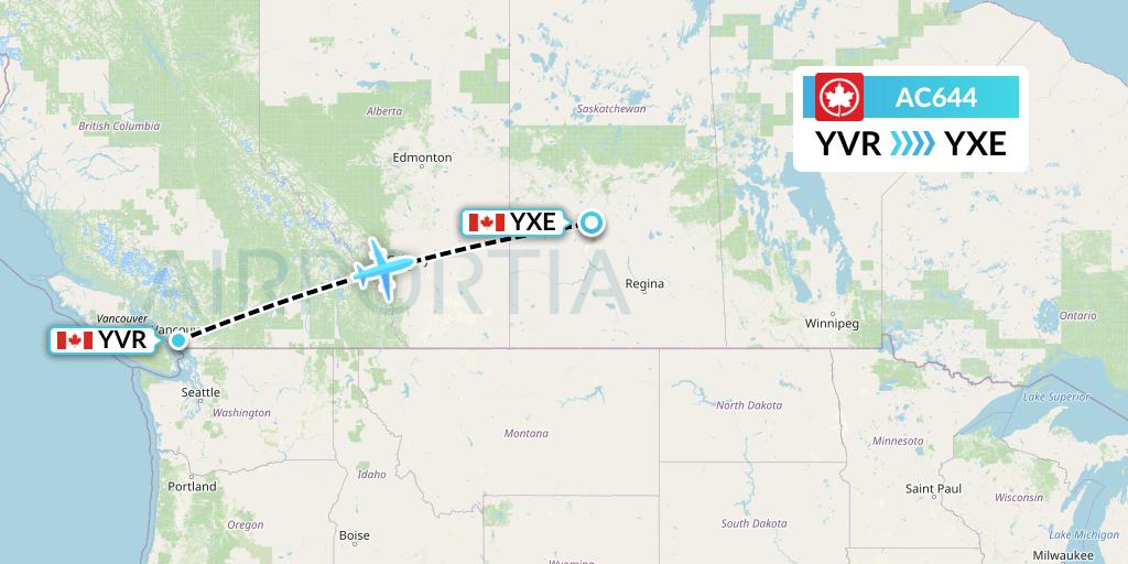 AC644 Air Canada Flight Map: Vancouver to Saskatoon