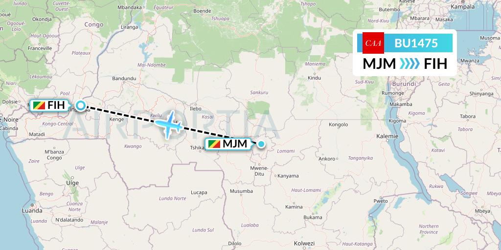 BU1475 flyCAA Flight Map: Mbuji Mayi to Kinshasa