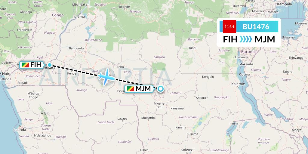 BU1476 flyCAA Flight Map: Kinshasa to Mbuji Mayi