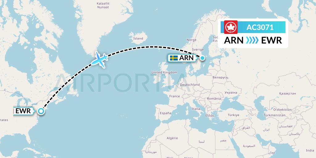 AC3071 Air Canada Flight Map: Stockholm to New York