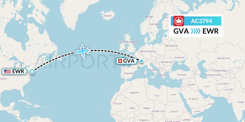 AC3794 Air Canada Flight Map: Geneva to New York