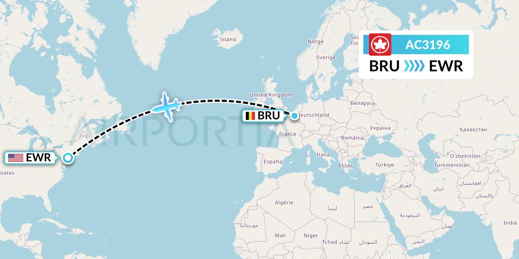 AC3196 Air Canada Flight Map: Brussels to New York