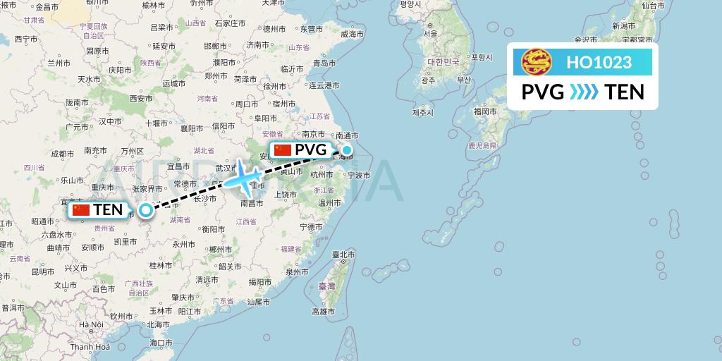 HO1023 Juneyao Airlines Flight Map: Shanghai to Tongren
