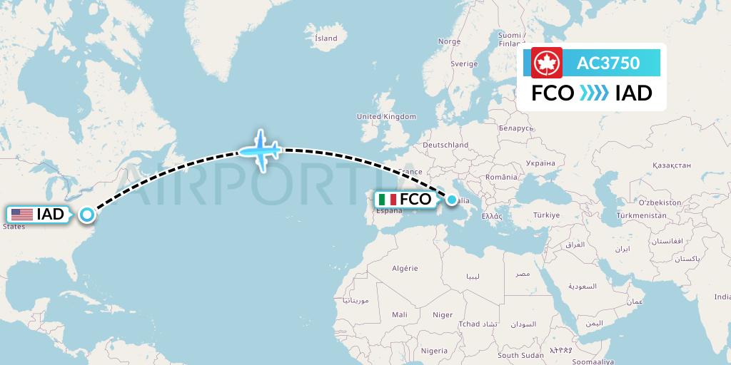 AC3750 Air Canada Flight Map: Rome to Washington