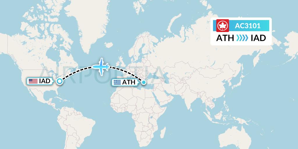 AC3101 Air Canada Flight Map: Athens to Washington