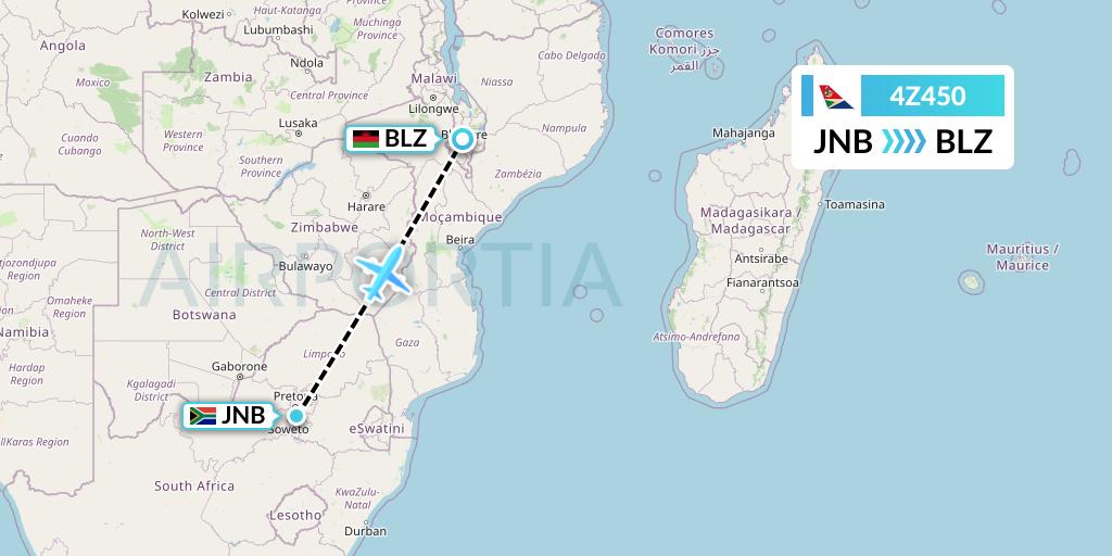 4Z450 Airlink Flight Map: Johannesburg to Blantyre