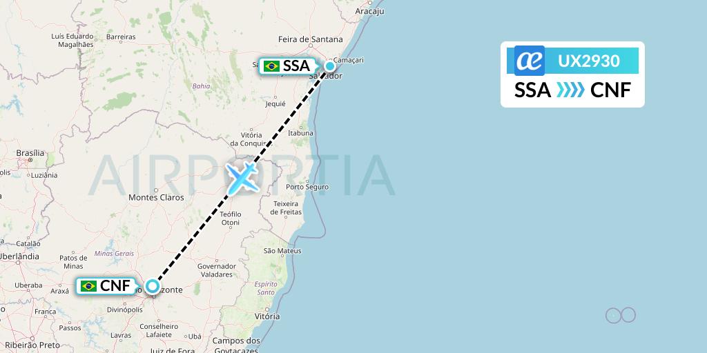 UX2930 Air Europa Flight Map: Salvador to Belo Horizonte
