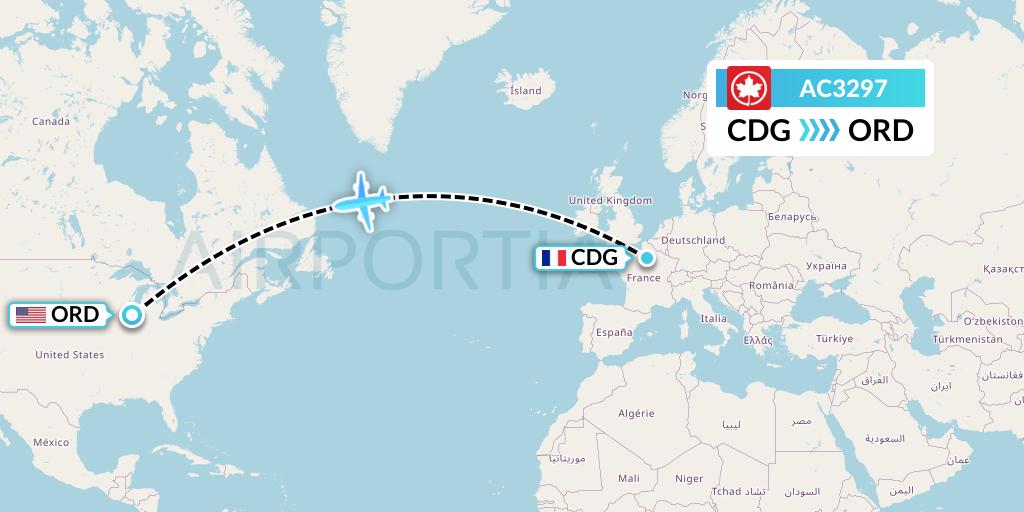 AC3297 Air Canada Flight Map: Paris to Chicago
