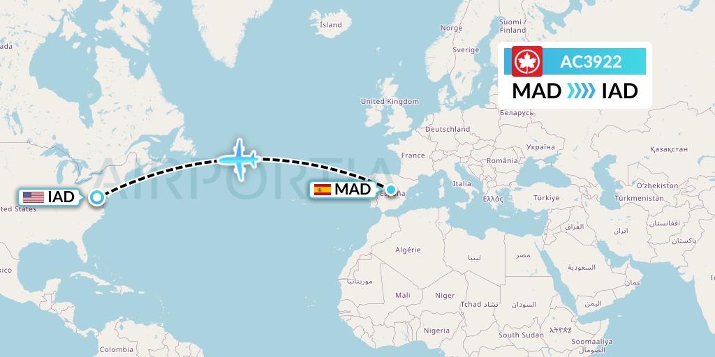 AC3922 Air Canada Flight Map: Madrid to Washington