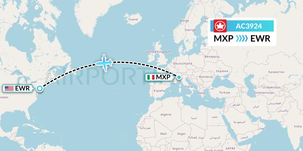 AC3924 Air Canada Flight Map: Milan to New York