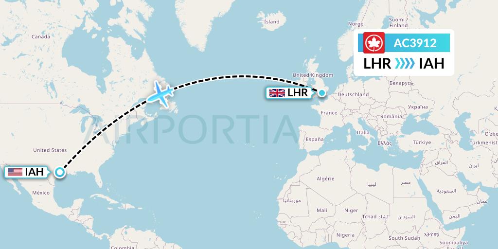 AC3912 Air Canada Flight Map: London to Houston