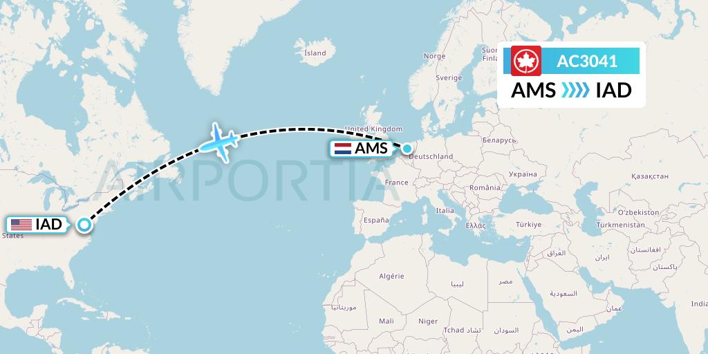 AC3041 Air Canada Flight Map: Amsterdam to Washington