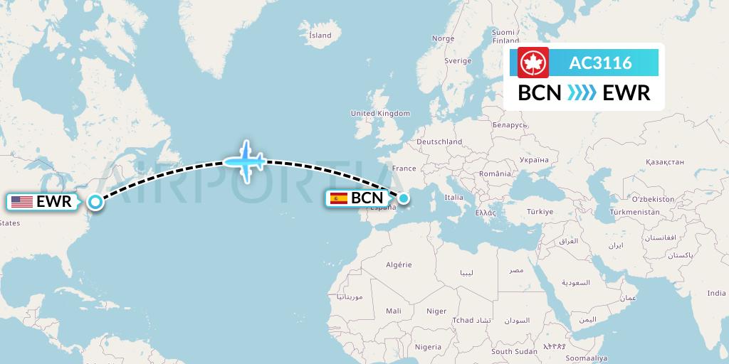 AC3116 Air Canada Flight Map: Barcelona to New York