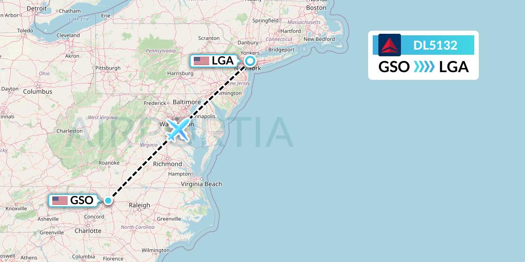 DL5132 Delta Air Lines Flight Map: Greensboro to New York