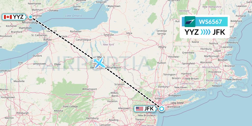 WS6567 WestJet Flight Map: Toronto to New York