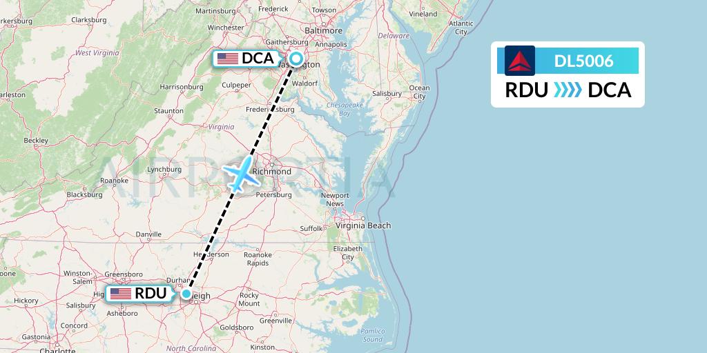 DL5006 Delta Air Lines Flight Map: Raleigh-Durham to Washington