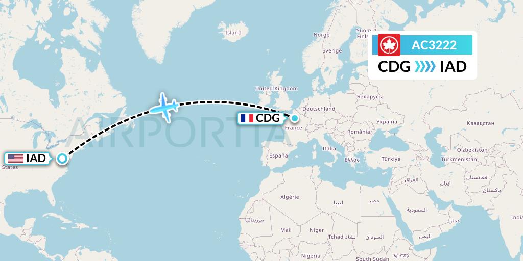 AC3222 Air Canada Flight Map: Paris to Washington