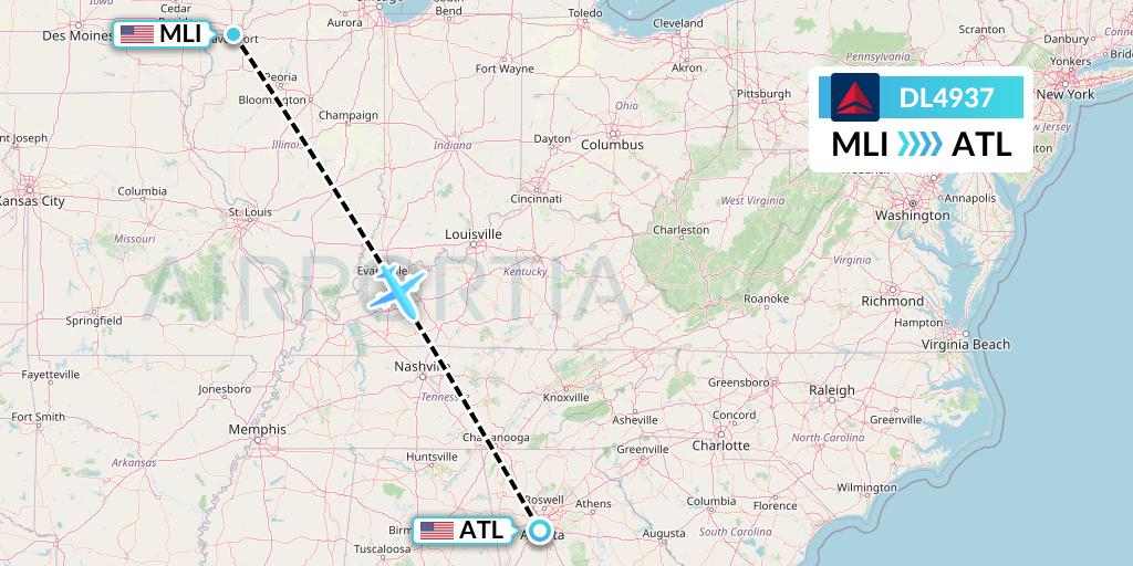 DL4937 Delta Air Lines Flight Map: Moline to Atlanta