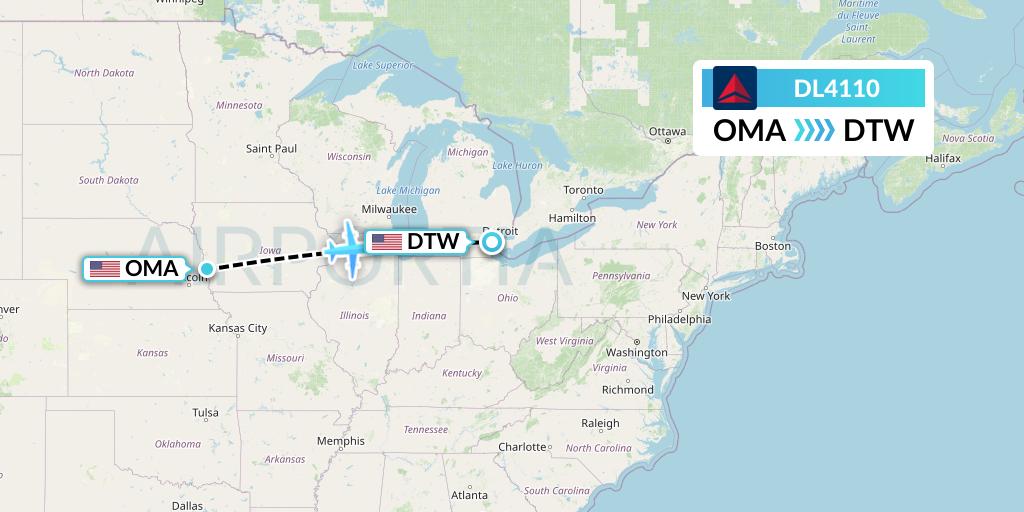 DL4110 Delta Air Lines Flight Map: Omaha to Detroit