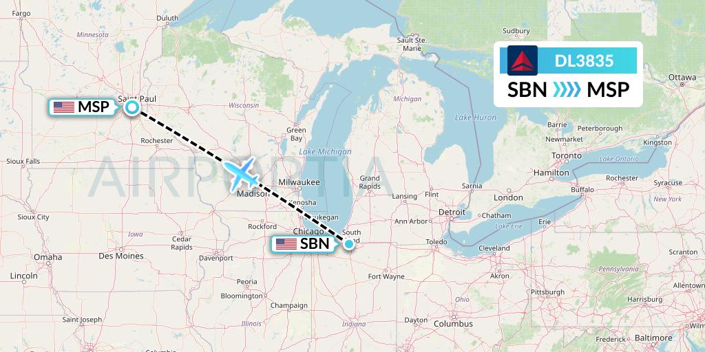 DL3835 Delta Air Lines Flight Map: South Bend to Minneapolis
