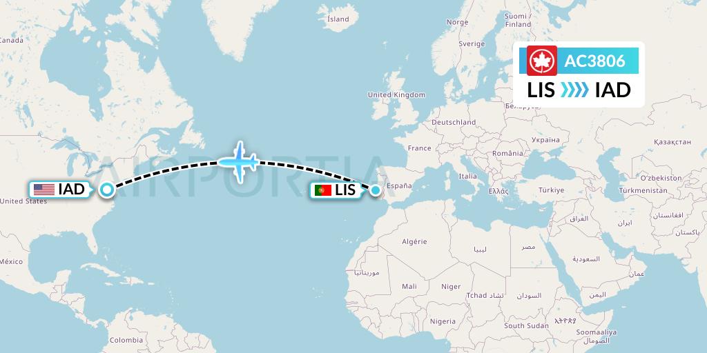 AC3806 Air Canada Flight Map: Lisbon to Washington