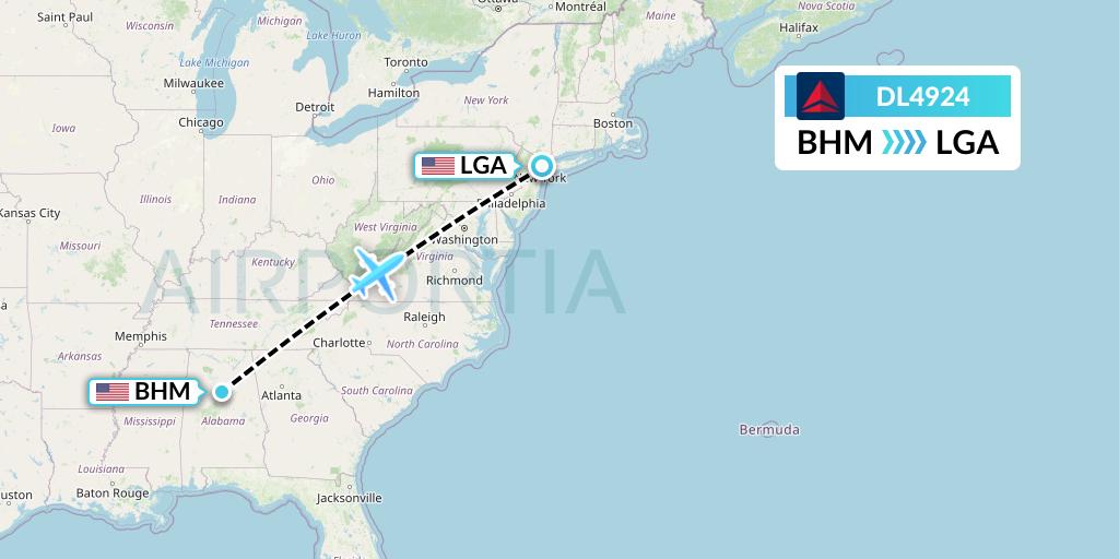 DL4924 Delta Air Lines Flight Map: Birmingham to New York