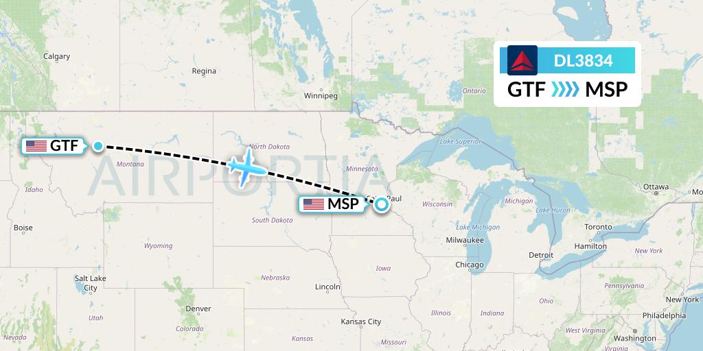 DL3834 Delta Air Lines Flight Map: Great Falls to Minneapolis