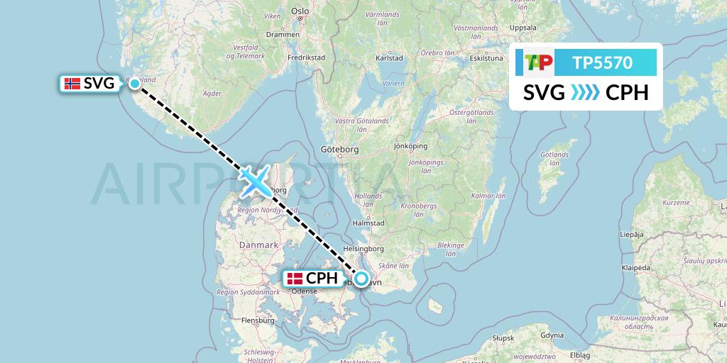 TP5570 TAP Portugal Flight Map: Stavanger to Copenhagen