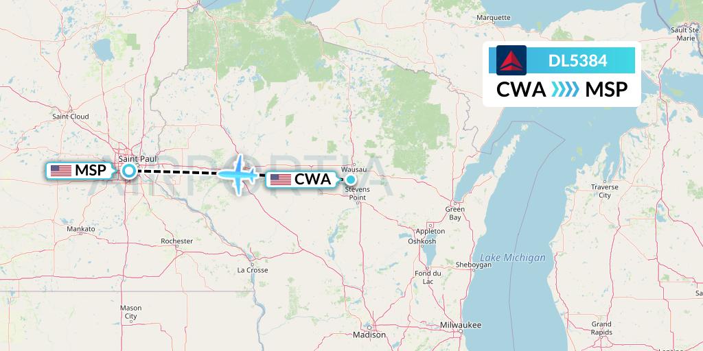 DL5384 Delta Air Lines Flight Map: Wausau to Minneapolis
