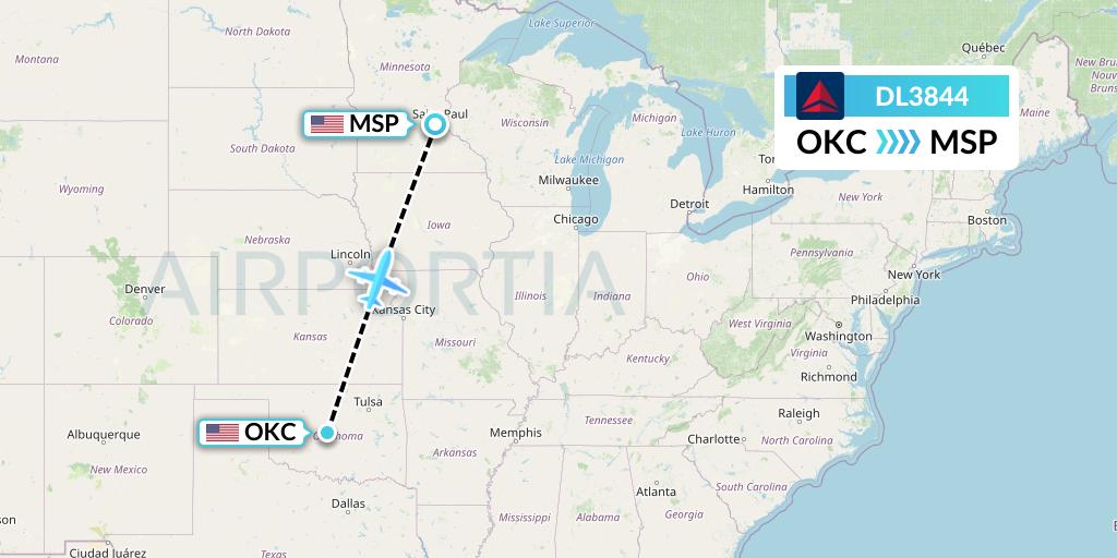 DL3844 Delta Air Lines Flight Map: Oklahoma City to Minneapolis