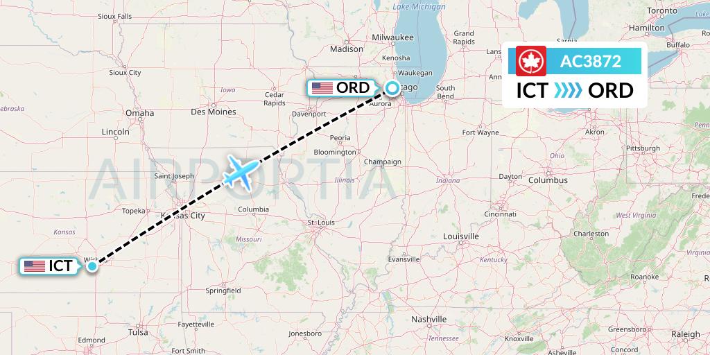 AC3872 Air Canada Flight Map: Wichita to Chicago