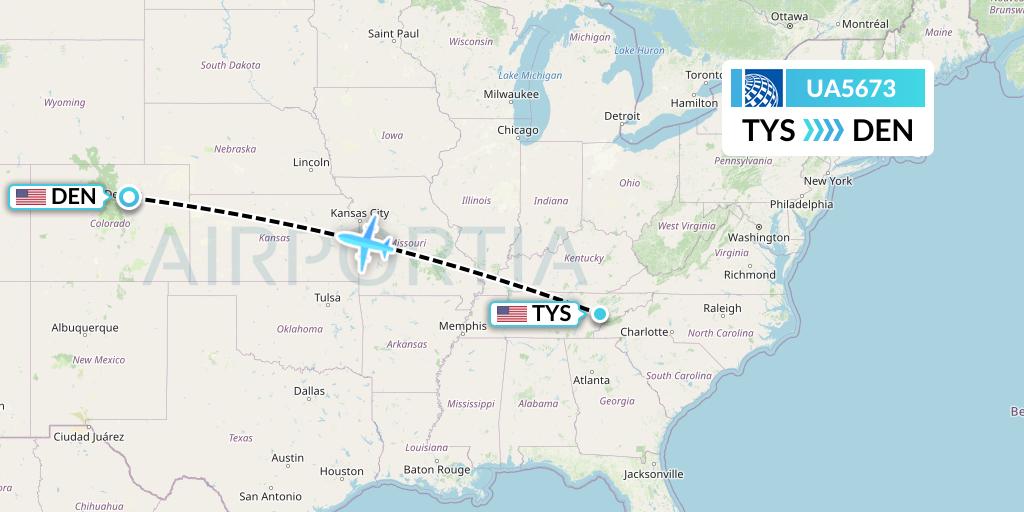 UA5673 United Airlines Flight Map: Knoxville to Denver