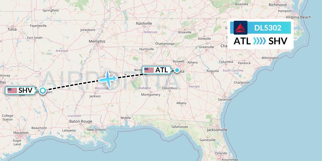 DL5302 Delta Air Lines Flight Map: Atlanta to Shreveport