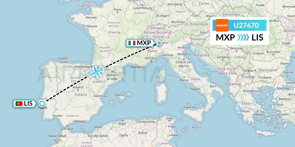 U27670 EasyJet Flight Map: Milan to Lisbon