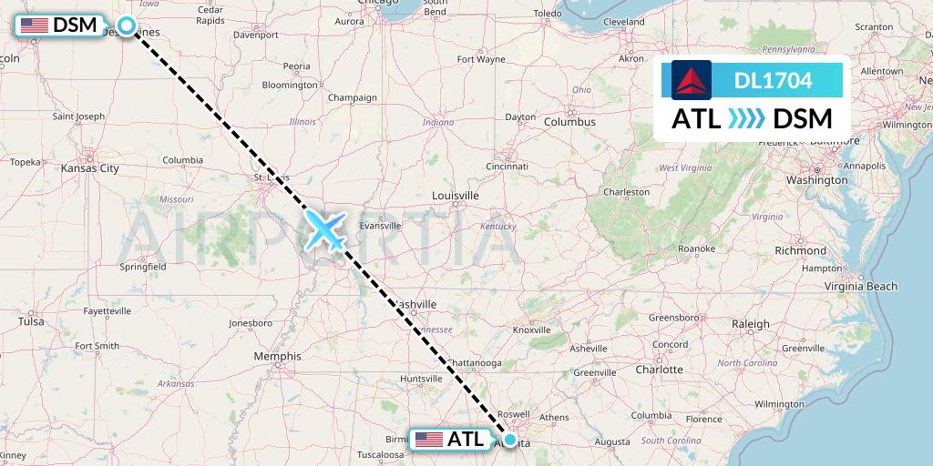 DL1704 Delta Air Lines Flight Map: Atlanta to Des Moines