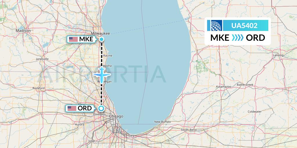 UA5402 United Airlines Flight Map: Milwaukee to Chicago