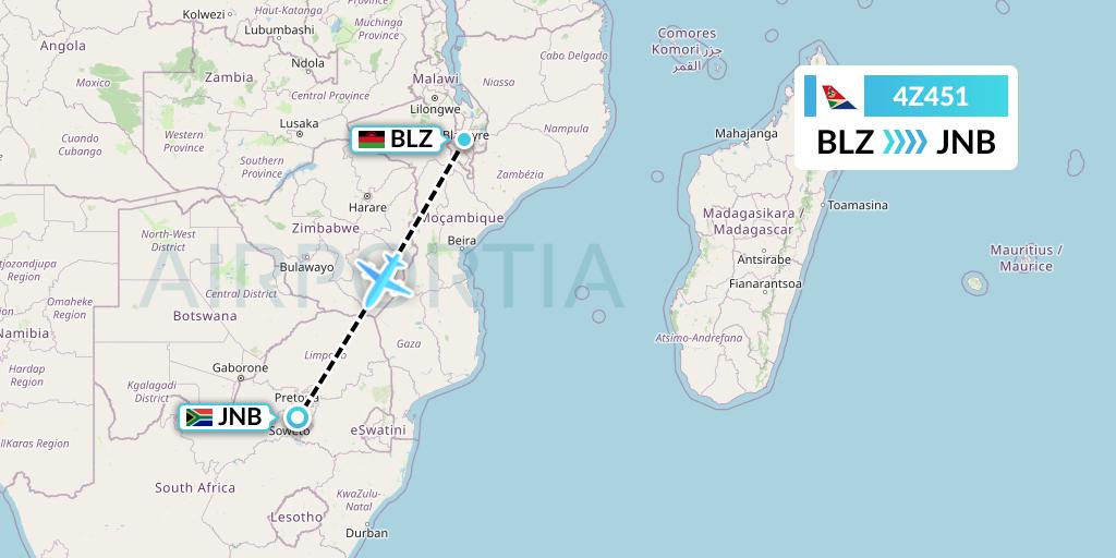 4Z451 Airlink Flight Map: Blantyre to Johannesburg