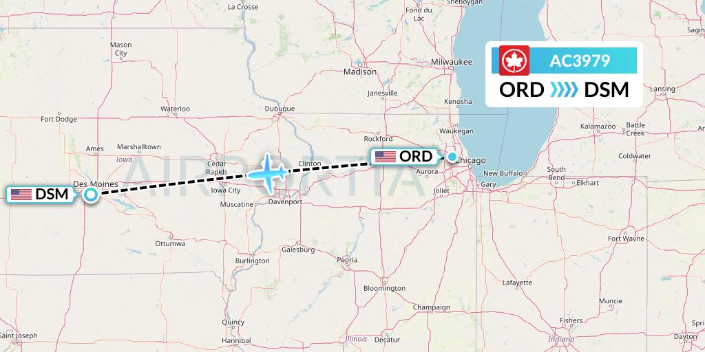AC3979 Air Canada Flight Map: Chicago to Des Moines