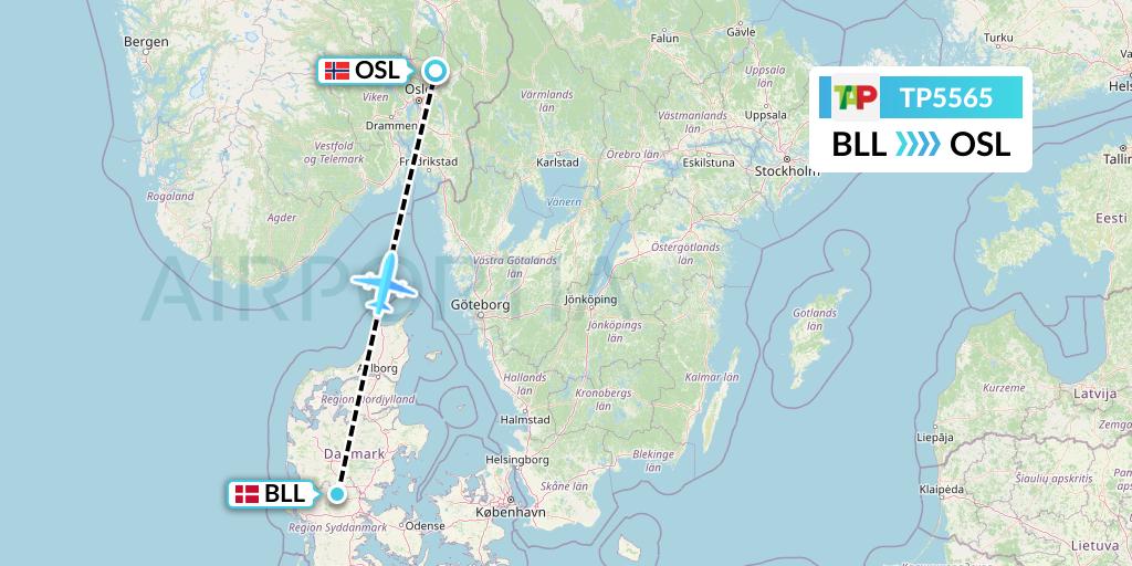 TP5565 TAP Portugal Flight Map: Billund to Oslo