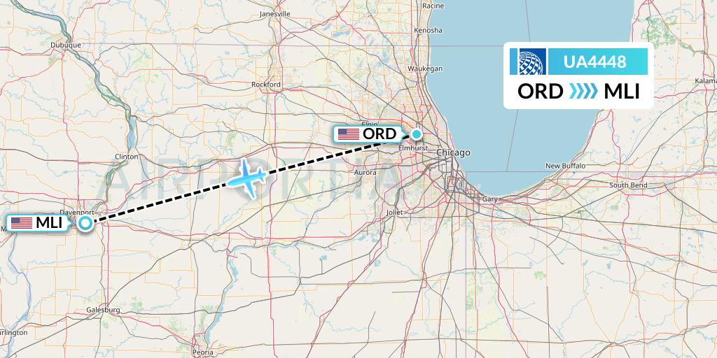 UA4448 United Airlines Flight Map: Chicago to Moline