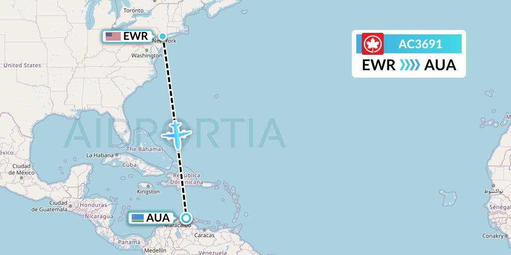 AC3691 Air Canada Flight Map: New York to Oranjestad